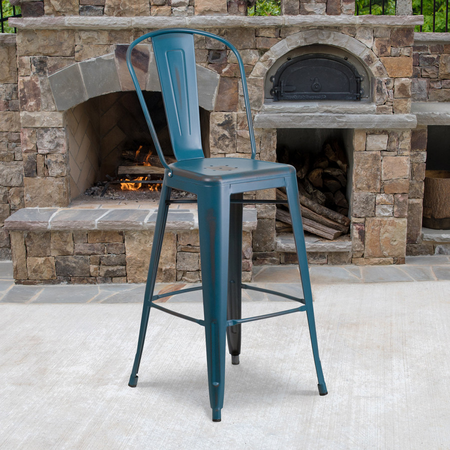 BLNK Cindy Commercial Metal Distressed Indoor-Outdoor Bar Stool with Back - Antique Blue