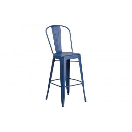 BLNK Cindy Commercial Metal Distressed Indoor-Outdoor Bar Stool with Back - Antique Blue