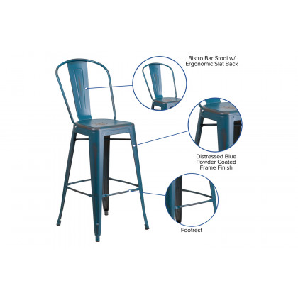 BLNK Cindy Commercial Metal Distressed Indoor-Outdoor Bar Stool with Back - Antique Blue