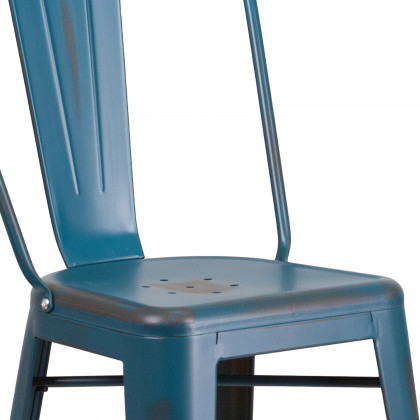 BLNK Cindy Commercial Metal Distressed Indoor-Outdoor Bar Stool with Back - Antique Blue