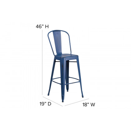 BLNK Cindy Commercial Metal Distressed Indoor-Outdoor Bar Stool with Back - Antique Blue