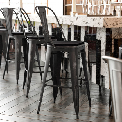 BLNK - Carly Commercial Metal Indoor-Outdoor Bar Stool with Back with Poly Resin Wood Seat