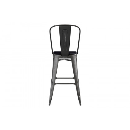 BLNK Carly Commercial Metal Indoor-Outdoor Bar Stool with Back with Poly Resin Wood Seat - Black