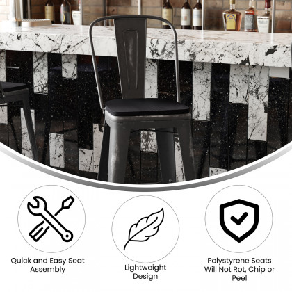 BLNK Carly Commercial Metal Indoor-Outdoor Bar Stool with Back with Poly Resin Wood Seat - Black