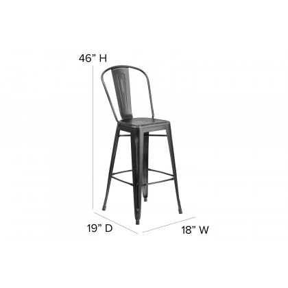 BLNK Carly Commercial Metal Indoor-Outdoor Bar Stool with Back with Poly Resin Wood Seat - Black