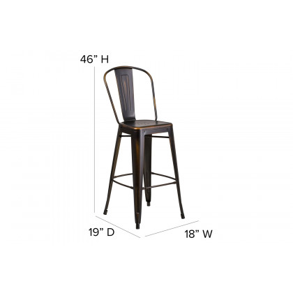 BLNK Carly Commercial Metal Indoor-Outdoor Bar Stool with Back with Poly Resin Wood Seat - Copper/Black