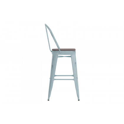 BLNK Carly Commercial Metal Indoor-Outdoor Bar Stool with Back with Poly Resin Wood Seat - Green-Blue/Gray