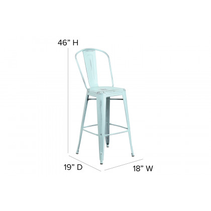 BLNK Carly Commercial Metal Indoor-Outdoor Bar Stool with Back with Poly Resin Wood Seat - Green-Blue/Gray