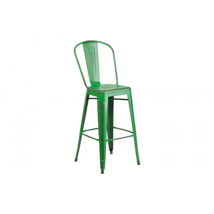 BLNK Cindy Commercial Metal Distressed Indoor-Outdoor Bar Stool with Back - Green