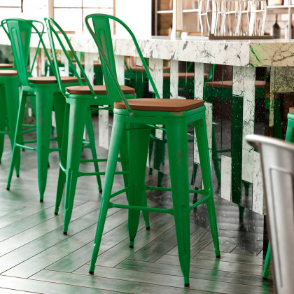 BLNK - Carly Commercial Metal Indoor-Outdoor Bar Stool with Back with Poly Resin Wood Seat