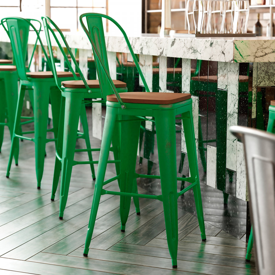 BLNK Carly Commercial Metal Indoor-Outdoor Bar Stool with Back with Poly Resin Wood Seat - Green/Teak