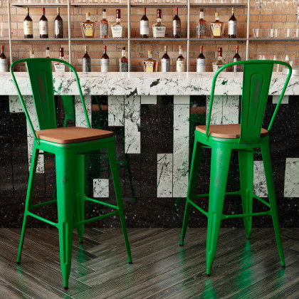 BLNK Carly Commercial Metal Indoor-Outdoor Bar Stool with Back with Poly Resin Wood Seat - Green/Teak