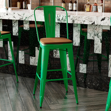 BLNK Carly Commercial Metal Indoor-Outdoor Bar Stool with Back with Poly Resin Wood Seat - Green/Teak