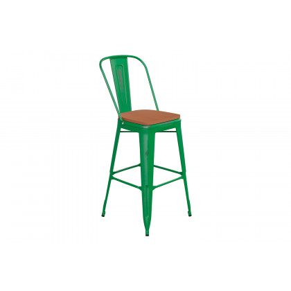 BLNK Carly Commercial Metal Indoor-Outdoor Bar Stool with Back with Poly Resin Wood Seat - Green/Teak