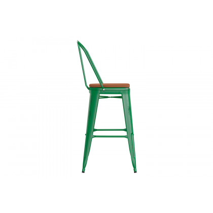 BLNK Carly Commercial Metal Indoor-Outdoor Bar Stool with Back with Poly Resin Wood Seat - Green/Teak