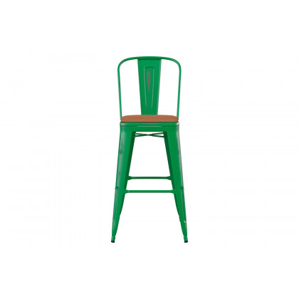 BLNK Carly Commercial Metal Indoor-Outdoor Bar Stool with Back with Poly Resin Wood Seat - Green/Teak