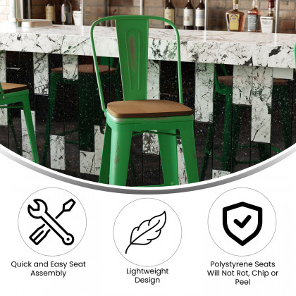 BLNK Carly Commercial Metal Indoor-Outdoor Bar Stool with Back with Poly Resin Wood Seat - Green/Teak