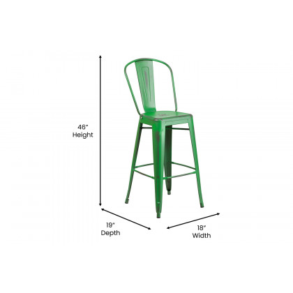 BLNK Carly Commercial Metal Indoor-Outdoor Bar Stool with Back with Poly Resin Wood Seat - Green/Teak