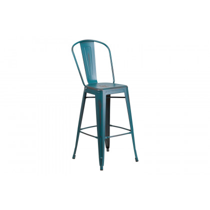 BLNK Cindy Commercial Metal Distressed Indoor-Outdoor Bar Stool with Back - Kelly Blue/Teal