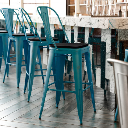 BLNK - Carly Commercial Metal Indoor-Outdoor Bar Stool with Back with Poly Resin Wood Seat