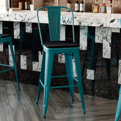 BLNK Carly Commercial Metal Indoor-Outdoor Bar Stool with Back with Poly Resin Wood Seat - Kelly Blue-Teal/Black