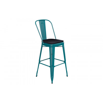 BLNK Carly Commercial Metal Indoor-Outdoor Bar Stool with Back with Poly Resin Wood Seat - Kelly Blue-Teal/Black