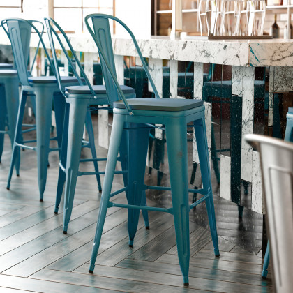 BLNK - Carly Commercial Metal Indoor-Outdoor Bar Stool with Back with Poly Resin Wood Seat