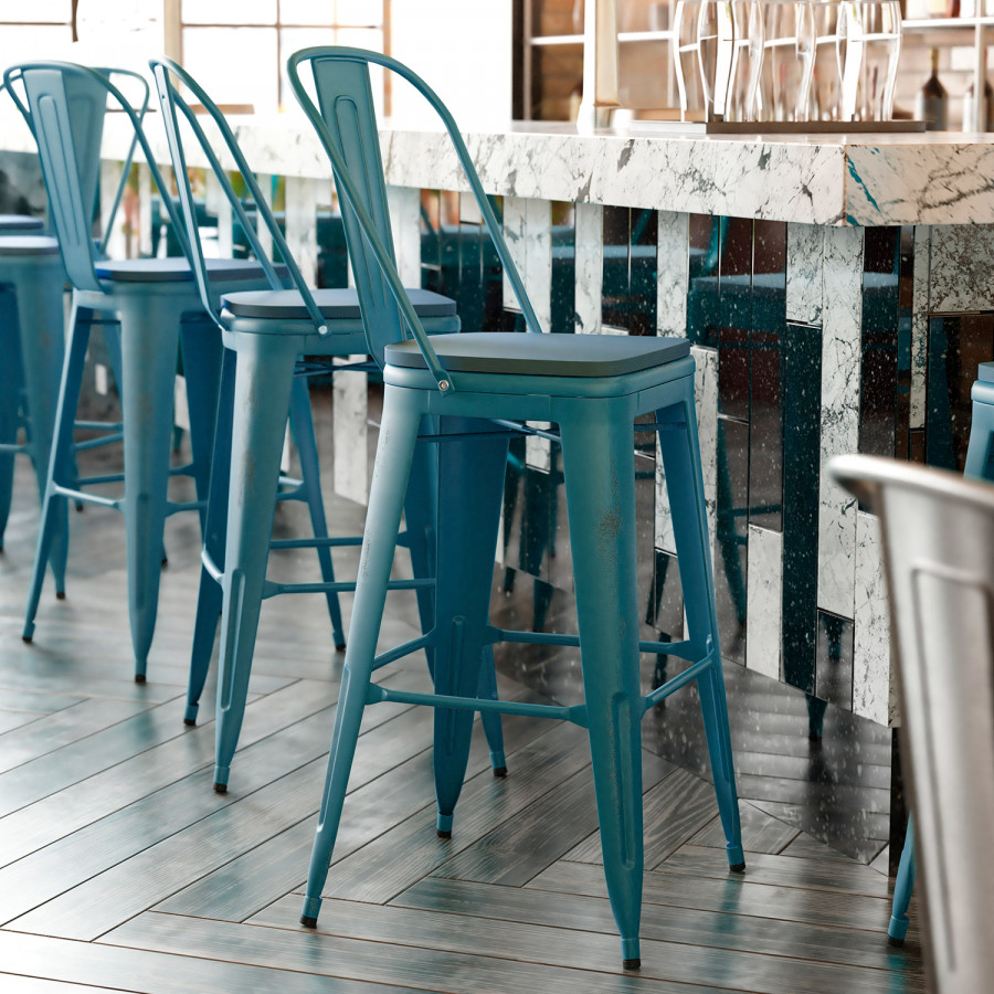 BLNK Carly Commercial Metal Indoor-Outdoor Bar Stool with Back with Poly Resin Wood Seat - Kelly Blue-Teal/Teal Blue