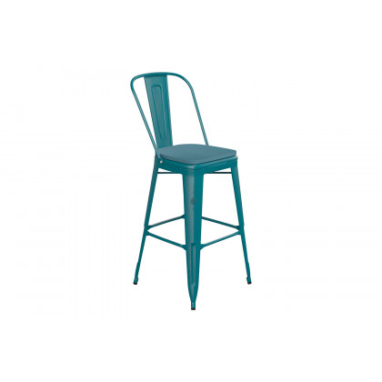 BLNK Carly Commercial Metal Indoor-Outdoor Bar Stool with Back with Poly Resin Wood Seat - Kelly Blue-Teal/Teal Blue