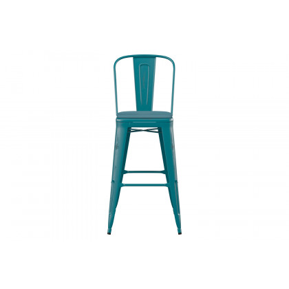 BLNK Carly Commercial Metal Indoor-Outdoor Bar Stool with Back with Poly Resin Wood Seat - Kelly Blue-Teal/Teal Blue