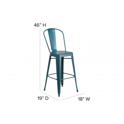 BLNK Carly Commercial Metal Indoor-Outdoor Bar Stool with Back with Poly Resin Wood Seat - Kelly Blue-Teal/Teal Blue
