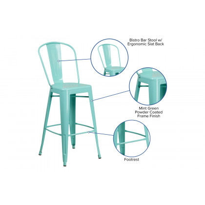 BLNK Cindy Commercial Metal Indoor-Outdoor Bar Stool with Back - Mint Green