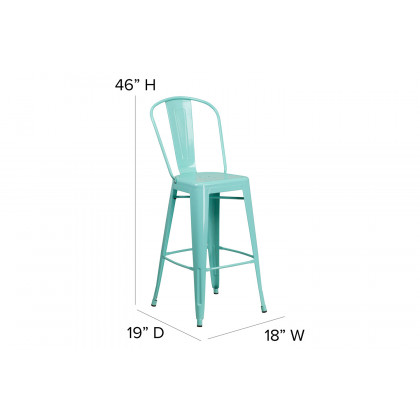 BLNK Cindy Commercial Metal Indoor-Outdoor Bar Stool with Back - Mint Green