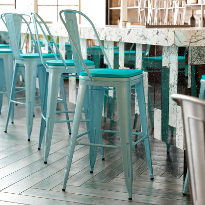 BLNK - Carly Commercial Metal Indoor-Outdoor Bar Stool with Back with Poly Resin Wood Seat