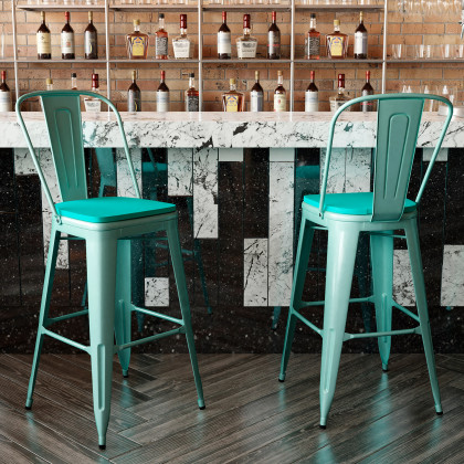 BLNK Carly Commercial Metal Indoor-Outdoor Bar Stool with Back with Poly Resin Wood Seat - Mint Green