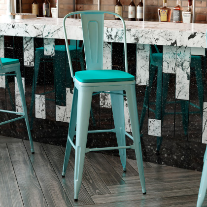 BLNK Carly Commercial Metal Indoor-Outdoor Bar Stool with Back with Poly Resin Wood Seat - Mint Green