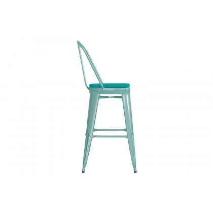 BLNK Carly Commercial Metal Indoor-Outdoor Bar Stool with Back with Poly Resin Wood Seat - Mint Green