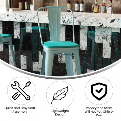 BLNK Carly Commercial Metal Indoor-Outdoor Bar Stool with Back with Poly Resin Wood Seat - Mint Green