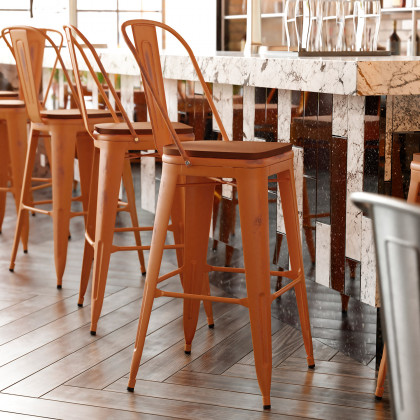 BLNK - Carly Commercial Metal Indoor-Outdoor Bar Stool with Back with Poly Resin Wood Seat