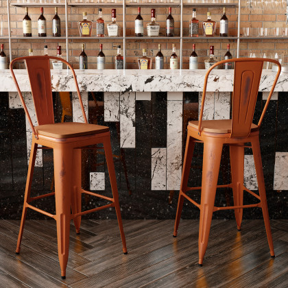 BLNK Carly Commercial Metal Indoor-Outdoor Bar Stool with Back with Poly Resin Wood Seat - Orange/Teak