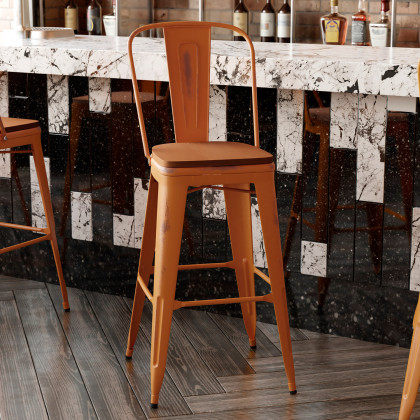 BLNK Carly Commercial Metal Indoor-Outdoor Bar Stool with Back with Poly Resin Wood Seat - Orange/Teak