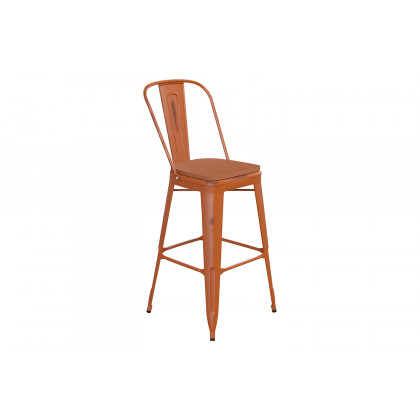 BLNK Carly Commercial Metal Indoor-Outdoor Bar Stool with Back with Poly Resin Wood Seat - Orange/Teak