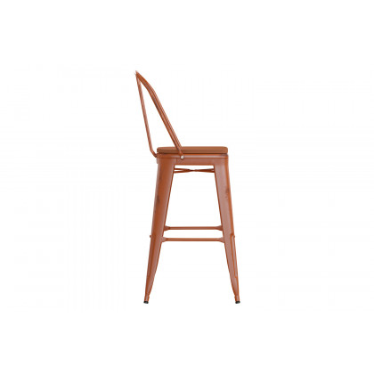 BLNK Carly Commercial Metal Indoor-Outdoor Bar Stool with Back with Poly Resin Wood Seat - Orange/Teak
