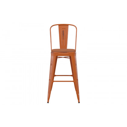BLNK Carly Commercial Metal Indoor-Outdoor Bar Stool with Back with Poly Resin Wood Seat - Orange/Teak