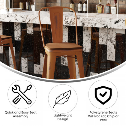 BLNK Carly Commercial Metal Indoor-Outdoor Bar Stool with Back with Poly Resin Wood Seat - Orange/Teak