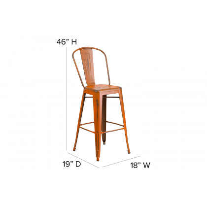 BLNK Carly Commercial Metal Indoor-Outdoor Bar Stool with Back with Poly Resin Wood Seat - Orange/Teak