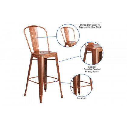 BLNK Cindy Commercial Metal Indoor-Outdoor Bar Stool with Back - Copper