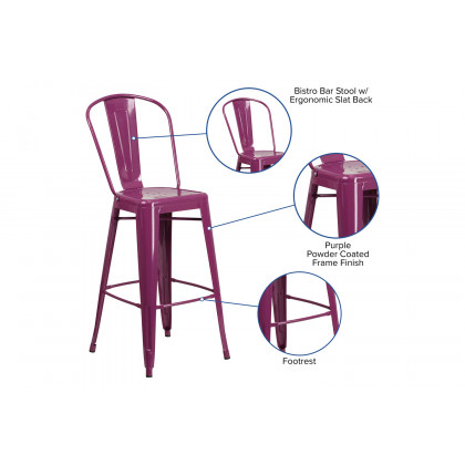 BLNK Cindy Commercial Metal Indoor-Outdoor Bar Stool with Back - Purple