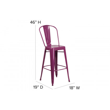 BLNK Cindy Commercial Metal Indoor-Outdoor Bar Stool with Back - Purple