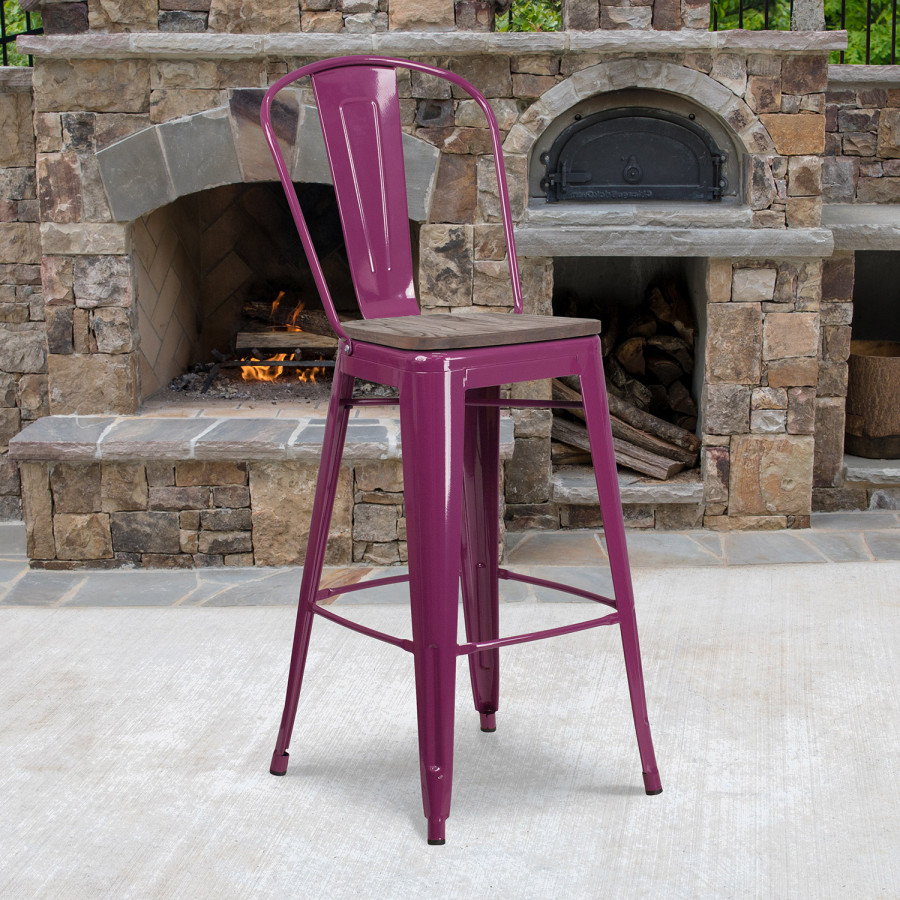 BLNK Cindy Metal Bar Stool with Back and Wood Seat - Purple